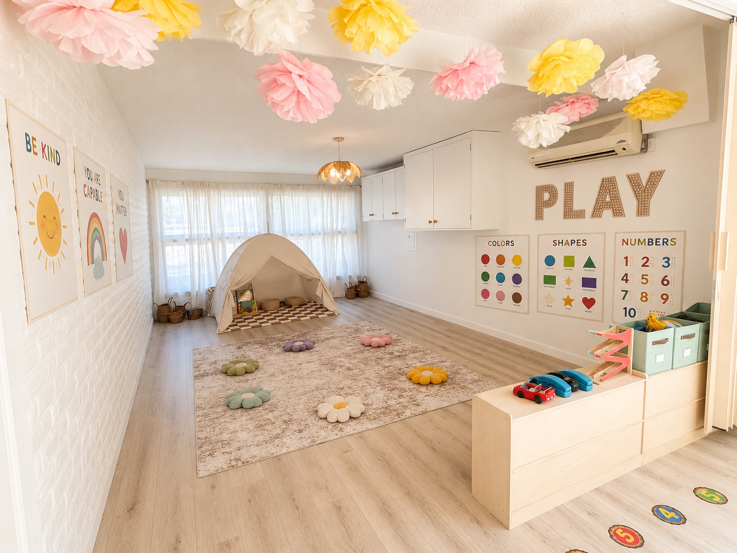 Sunny playroom with cloud pillows, wooden toys and soft rugs